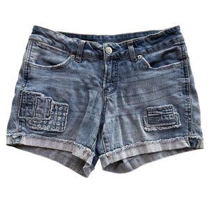 Patchwork Jean Shorts Womens 30 Blue Distressed Boho Cottage Cuffed Frayed Denim